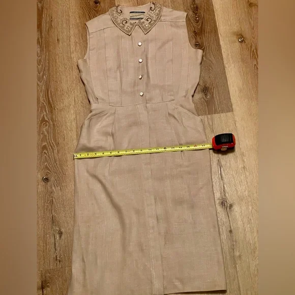 Vintage 1940’s 50s rhinestone beads linen dress pleats buttons Medium M 28”w VLV - Picture 8 of 12